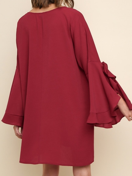 Burgundy Split Ruffle Bell Sleeve Dress - Picture 3 of 5